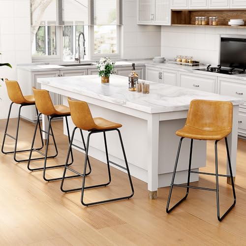 Image of REONEY Bar Stools Set of 4, 26 inch Faux Leather Counter Height Stools, Brown