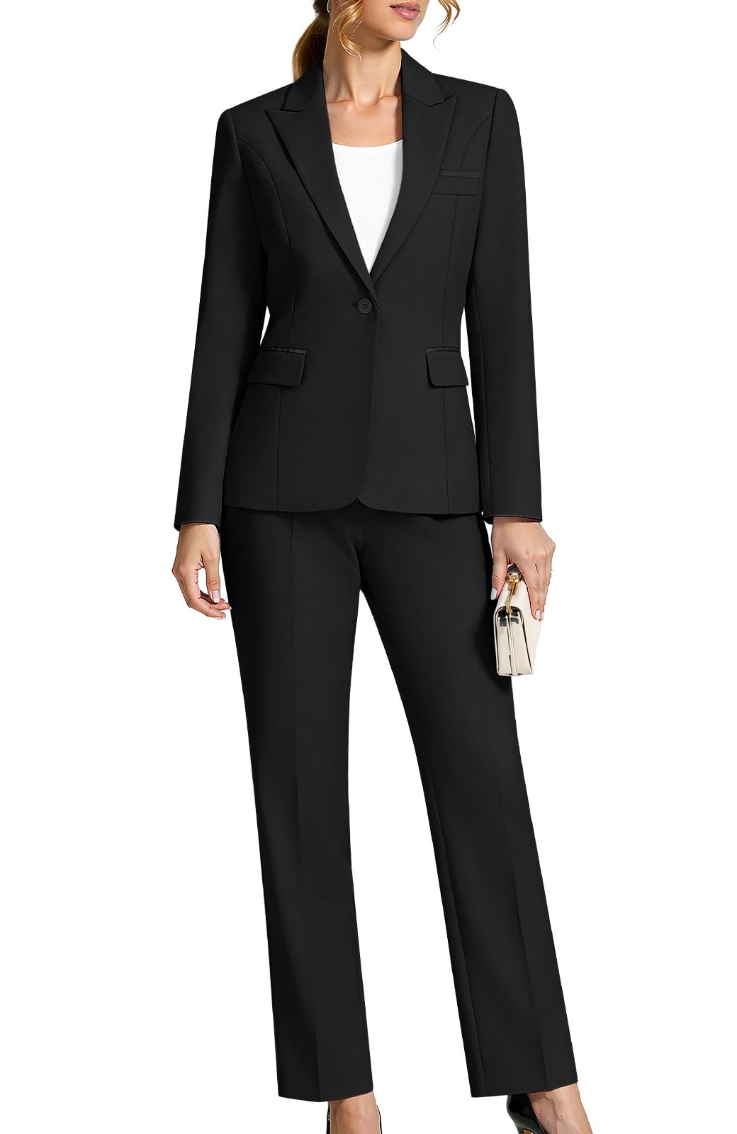 Womens 2 Piece Business Office Suit Lady Peaked Lapel Slim Fit One Button Blazer Jacket and Pants Set