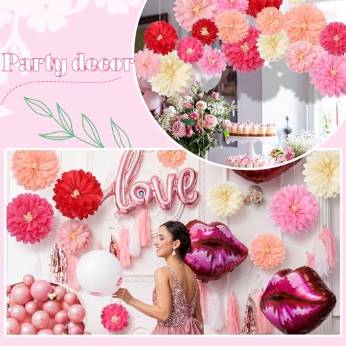 Image of Geyee 18 Pcs Mexican Paper Flowers Colorful Fiesta Tissue Paper Flowers Pom Poms Mexican Carnival for Floral Party Backdrop Wedding Birthday Party Craft(Pink Series,10 inch 12 inch 14 inch)