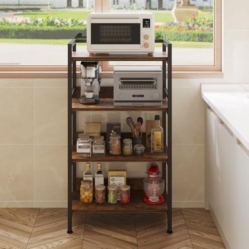 Image of HOME CUBE 4-Tier Metal Storage Shelf with Wooden Shelves, Kitchen Organizer Rack, Microwave Stand, Bookshelf, Standing Shelf Units, Multipurpose Storage Rack for Living Room, Office, Garage, Shops
