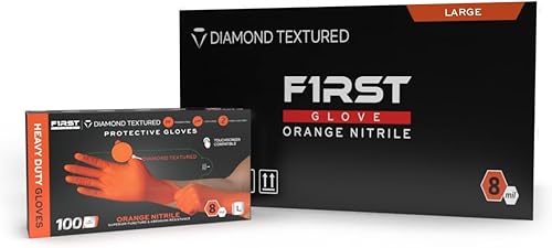Miniatura 1 de FIRST GLOVE Heavy Duty Diamond Textured 8 Mil Thick Orange Nitrile Gloves 100 Ct. - Industrial Nitrile Gloves - Latex-Free