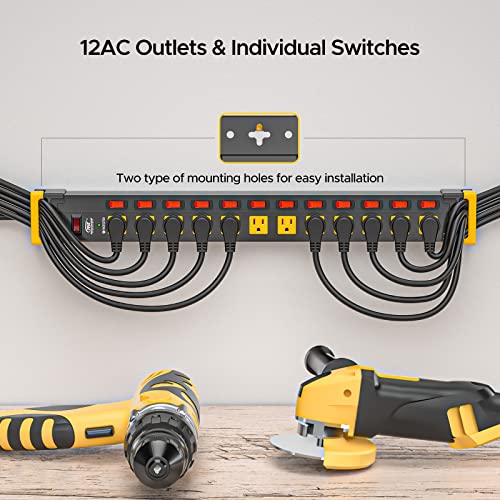 Crst Heavy Duty Power Strip Surge Protector With Individual Switches, 12 Outlets Metal Power Strip With Cord Manager, 9Ft, 1020J, 15Amp/1875W (Black+Yellow) For Garage, Workshop, Shop, Home #TOP2