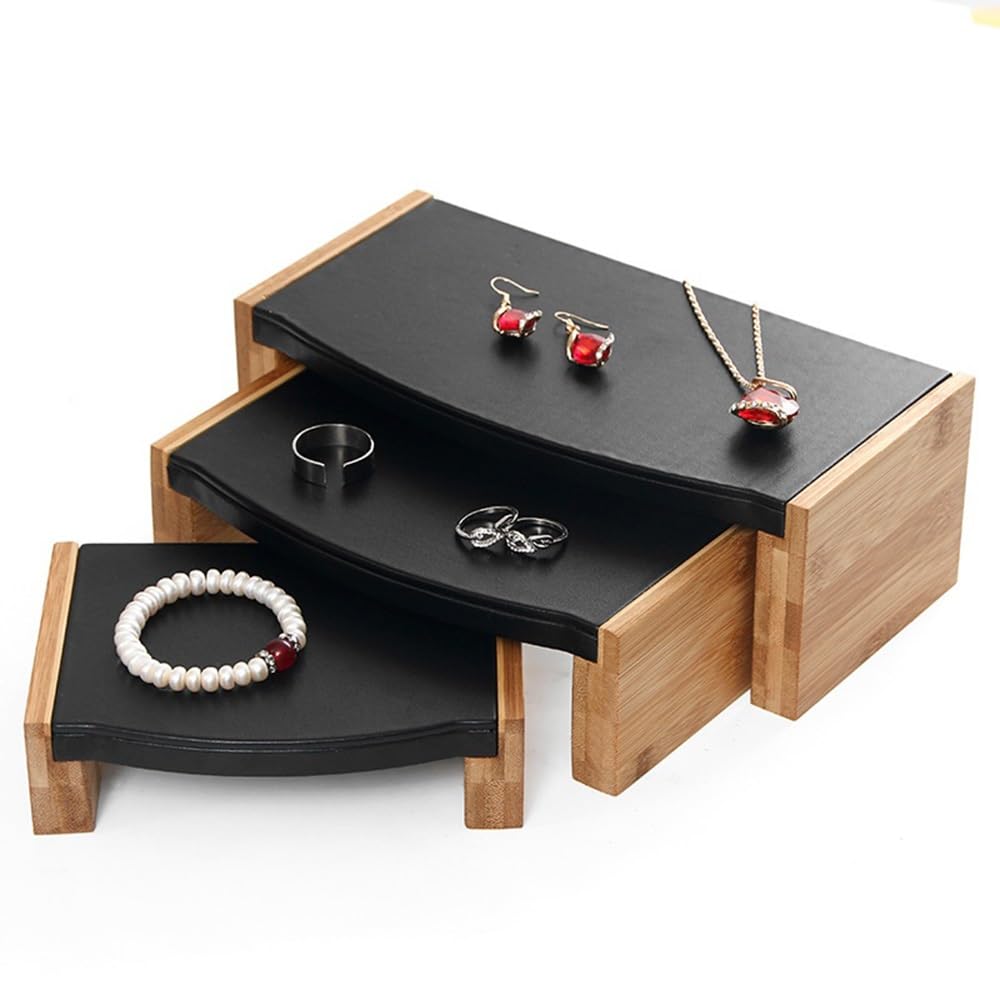 Torri dei gioielli Set di raschietti for gioielli in 3 pezzi Supporti a più livelli in legno for desktop