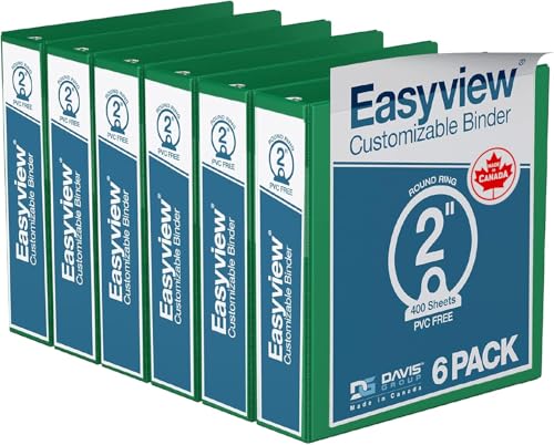 Image of Easyview 3-Ring Binder, Clear-View Cover, 2 inch Round Rings, Green, 6 Pack | Heavy-duty binder, fits 8.5 inch x 11 inch paper, customizable cover, made in Canada, ideal for school or office use