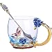 Tea Cup Coffee Mug Cups, Clear Glass Coffee Cups Tea Mugs with Spoon Set Handmade Enamel Butterfly Rose Flower,12 oz (Blue Rose) Ideal for Friend Wedding Anniversary Birthday Presents