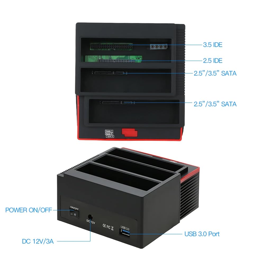 1 Pièce Station d'accueil pour Disque Dur à Double Baie Multifonctionnelle Tout en 1 pour Disque Dur IDE et de 2,5/3,5 Pouces en Plastique Noir avec Base USB 3.0, Prise Européenne