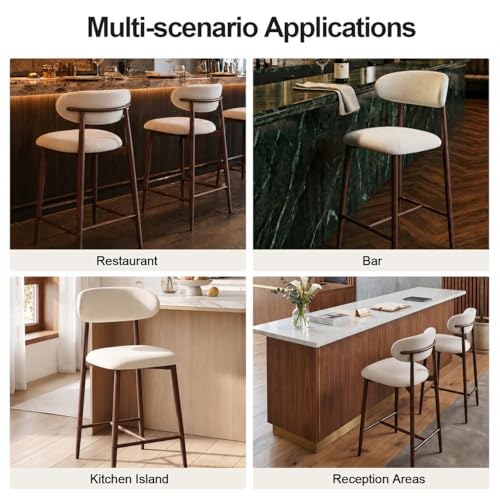 Butacos de altura para mostrador UVV, juego de 2 unidades, butacos tapizados modernos con patas de metal para isla de cocina y comedor (asiento beige / patas de metal con grano de nogal) miniatura 5