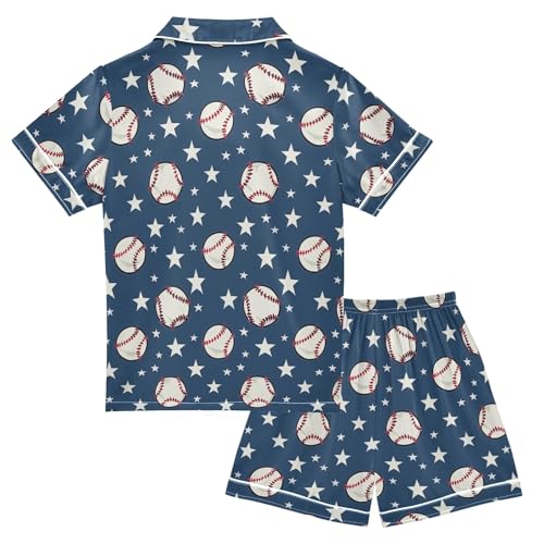 Cartoon Baseball and Star Summer Satin Pajama Set, Cute Button-Down Sleepwear Pj Set for Sleep Wears2
