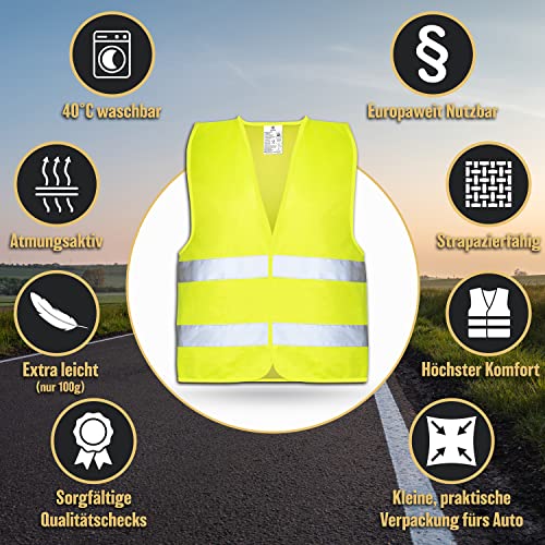 HELDENWERK Auto Warnweste 2023/2024 4 Stück + 1 für Erwachsene europaweit einsetzbar - Reflektierende Warnwesten inkl. Kinderweste - Sicherheitsweste, Pannenweste – Bild 4