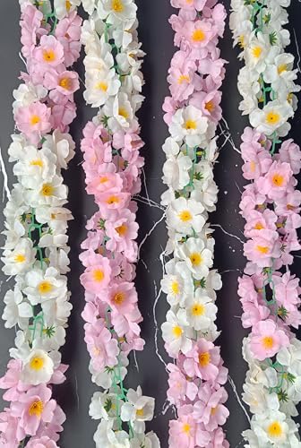 Image of VRB Dec 1 Pcs Artificial Flowers Vine Blossom /Roses Garland Fake (6 feet) Flowers Fabric Roses /Blossom Garland for Wedding Decor Diwali /Ganpati /Garden Wall Valentine (White & Pink Combo Blossom)