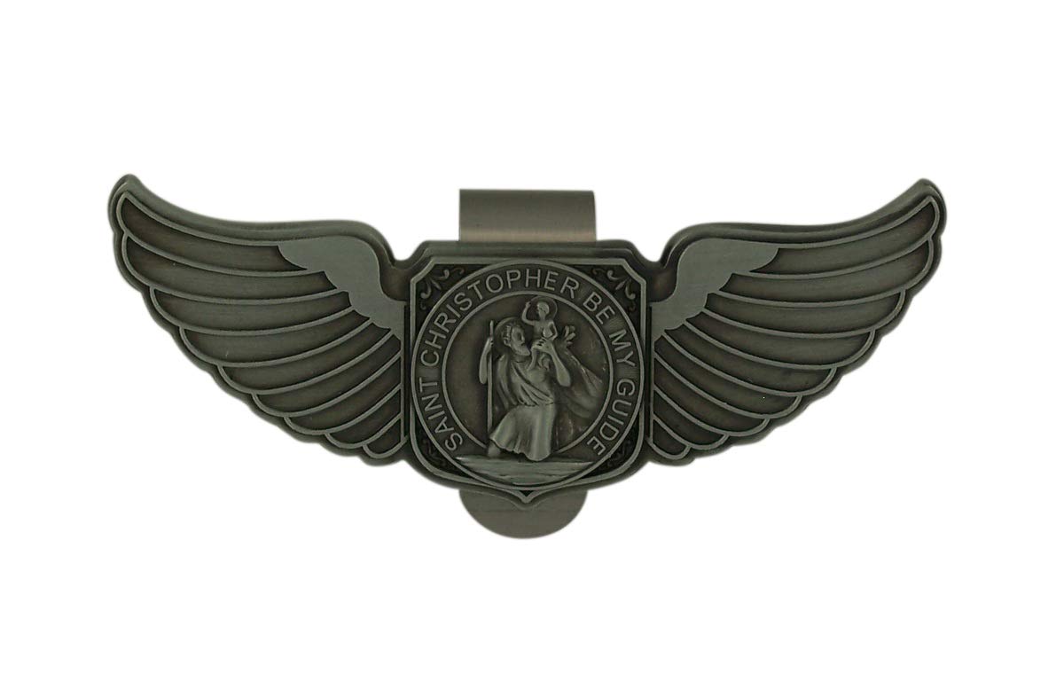 Needzo Silver Tone Saint Christopher Angel Wings Visor Clip, 3 1/4 Inch