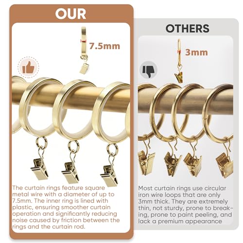 28 PCS Curtain Rings, 1-5/8 Inch Quiet Curtain Rings with Plastic Inserts with Clips Metal Drapery Ring for Curtain Rods Gold