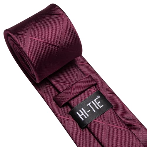 Image of Hi-Tie Classic Solid Maroon Neckties for Men Formal Burgundy Tie and Lapel Pin Pocket Square Cufflinks Sets Formal Business Wedding