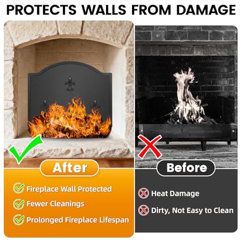 22.5\" Firebacks for Fireplace, Steel Fireplace Back Plates with Feet, Fireplace Heat Deflector for Wall Protection & Heat Reflect, Black Iris Design Modern Decorative Fire Backs