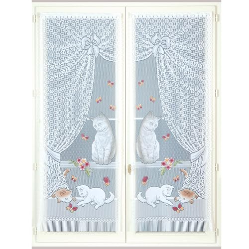 Homemaison - Paire de Petits Voilages Dentelle Chatons et Franges - Polyester - Tamisants, Motifs...