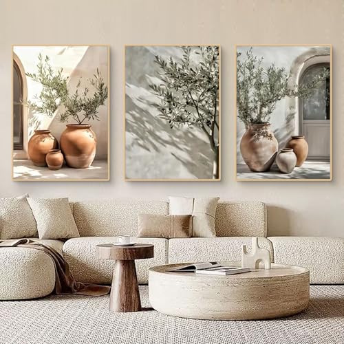 TROYSINC 3er Vintage Olivenbaum Bilder Set Aesthetic Olivenbaum Poster Vintage Topfpflanze Bild Wandbild Italien Griechenland Wanddeko Wohnzimmer ohne Rahmen (40x50cm B)
