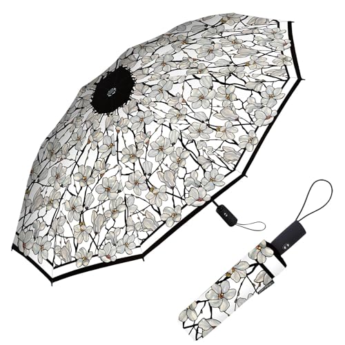 RainCaper Windproof Auto Open/Close 43 Coverage Folding Travel Umbrella Fine Art Tiffany Magnolia Reinforced Rib Travel Umbrella with Matching Sleeve