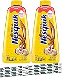 Nesquik Strawberry Syrup Bundle, 22 oz Bottle (Pack of 2) with By The Cup Paper Straws