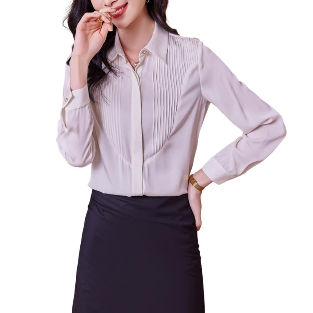 DISSA Chemise Soie Plissée Patte Cachée Manches Longues