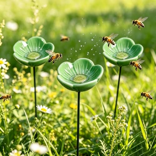 Bee Watering Station for Garden, 3PCS Ceramic Flowers for Bees Bath, Bird Bath Water Feeder Bee Drinking Cups Garden Stake, Butterfly Bees Baths Drinking Station Water Bowl, fors Outdoor Yard Decor