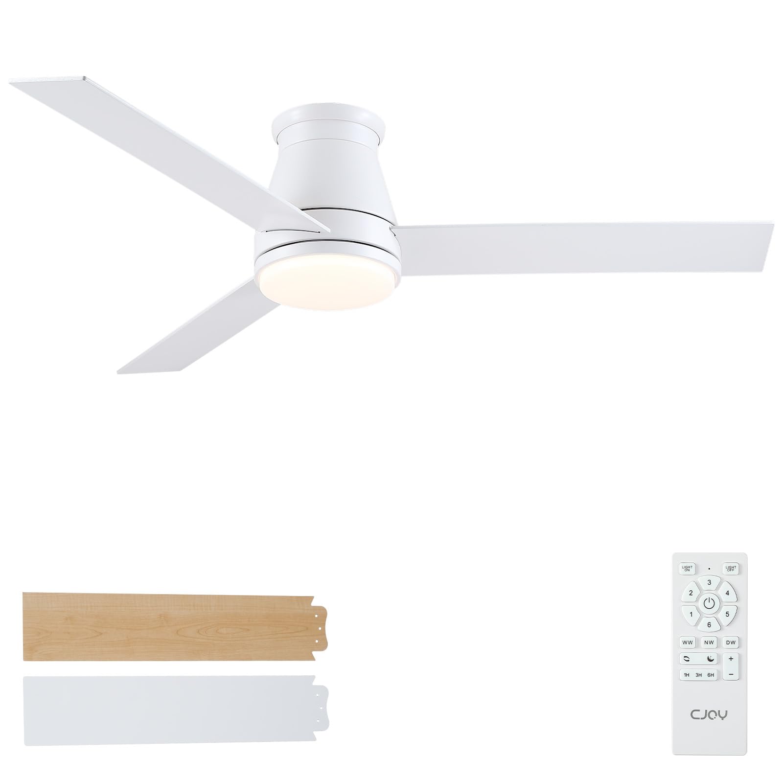 CJOY Ceiling Fan with Quiet Light, 52 Inch White Ceiling Fan with Light and Remote Control 3 Blades, 6 Speeds, 3 CCT Dimmable, Reversible DC, Memory Function, Sleep Mode, for Bedroom