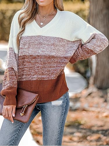 Image of CUPSHE Women Sweater Striped V-Neck Tops Long Drop Sleeve Pullover Casual