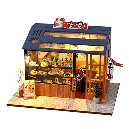 DIY Dollhouse Kit Miniature Japonais Style Maison Miniature avec des Meubles Restaurant De Sushi, Mini Maison Miniature avec Housse De Protection Et Lumière LED Cover