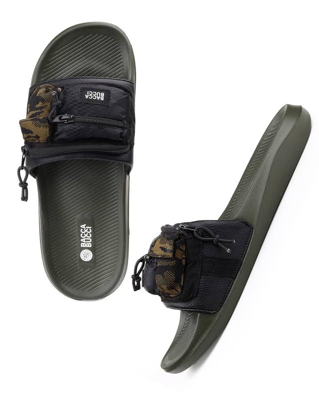 Image of Bacca Bucci Utility Slide for Men | Dual Pocket Slides with Zipper & Velcro Closure | Cushioned EVA Footbed | Casual & Outdoor Slippers