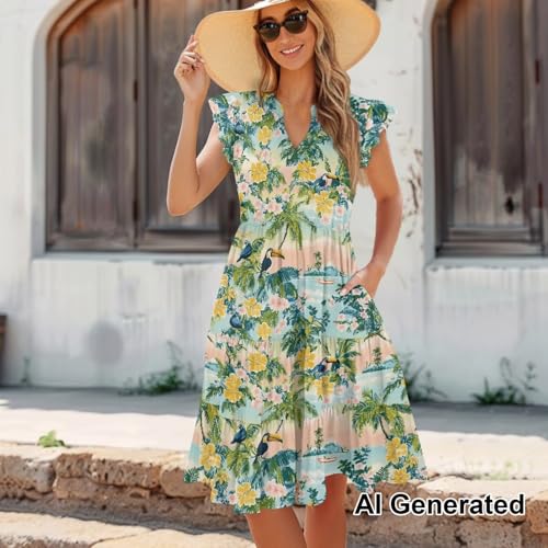 Image of Womens Summer Dress Ruffle Sleeve V Neck Dress Casual Fit Flowy Beach Vacation Sundress with Pocket S-2XL