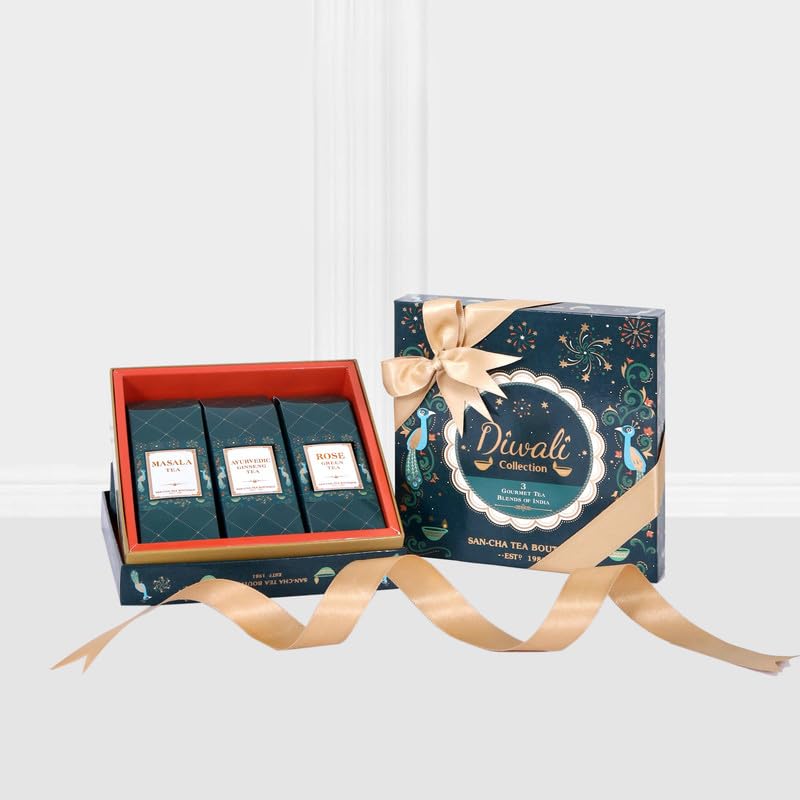 Image of Sancha Tea Boutique, Diwali Collection, Diwali Gift Box, Rose Green Tea, Ginseng Tea & Masala Chai, Loose Leaf Tea, Tea Assortment, Gift of Health, Premium Tea Hamper