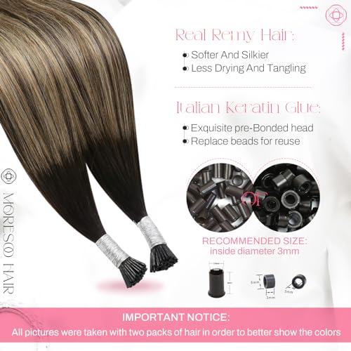 Image of Moresoo Itip Human Hair Extensions, Black Caramel BLonde Balayage, 14 Inch | 40g 50 strands, stick tip extensions, cold fusion installation, silver grey blend, fine hair, everyday office styling
