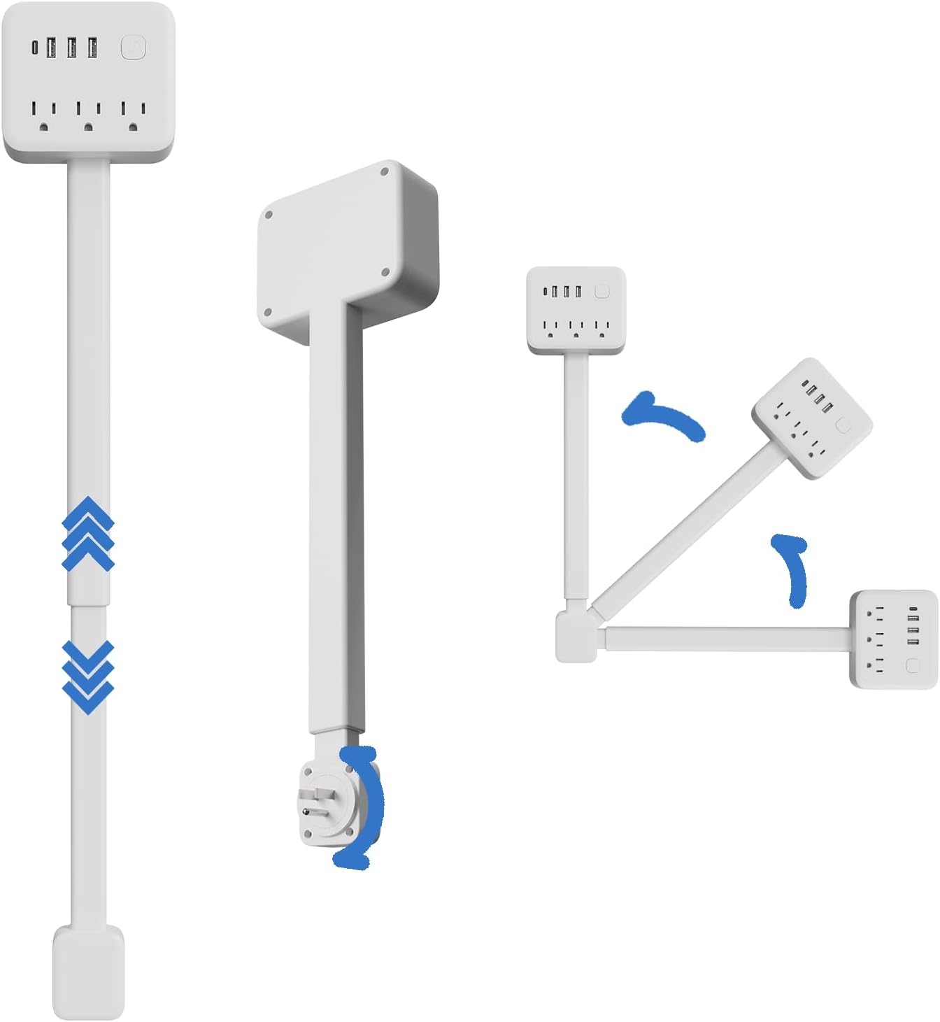 Electrical Outlet Extender Stick,Extendable Socket Features 3 USB-A,1 USB-C and 3 AC Outlets,Electric Outlet Extender,Rotates 180°,Extends 17.5"-25.6",Use Behind Couches,Nightstands,Desks and More