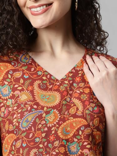 Image of DEEBACO Women's Paisley Print Rayon Top & Pants Co Ord Set For Women V Neck Long Puff Sleeve Ladies Party Casual Wear Fashionable For Girls Loose Fit Cord Set (DBCOMR00001033 XL Multicolor)