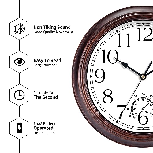KECYET 8.5 Inch Outdoor Wall Clock with Thermometers, Vintage, Battery Operated - image 9
