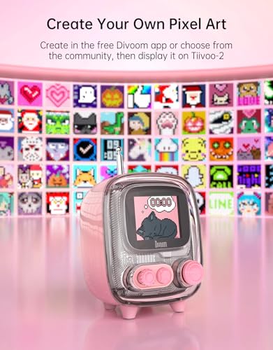 Image of Divoom Tiivoo-2 Retro Bluetooth Speaker, FM Radio, Pixel Art Display, Pink | Alarm Clock, Portable Mini Wireless Speaker, Cute Vintage Desk Decor Gift