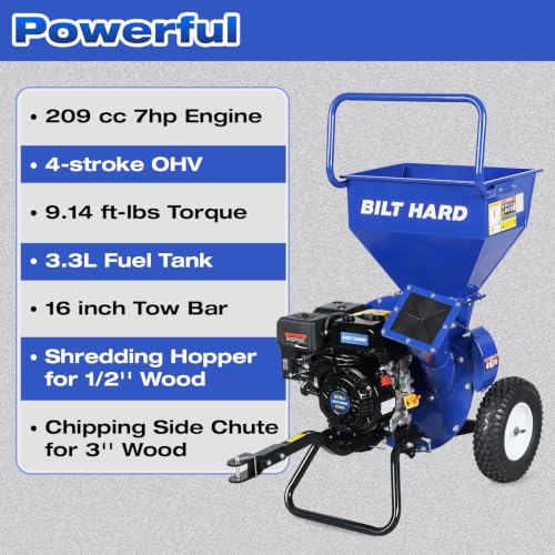 Image of BILT HARD 7.5HP 224cc Gas Powered Wood Chipper Shredder with Tow Hitch, 3-in-1 Heavy Duty Mulcher, Towable Design, 3 inch Max Branch Capacity, 1 /2 inch Shredding Hopper