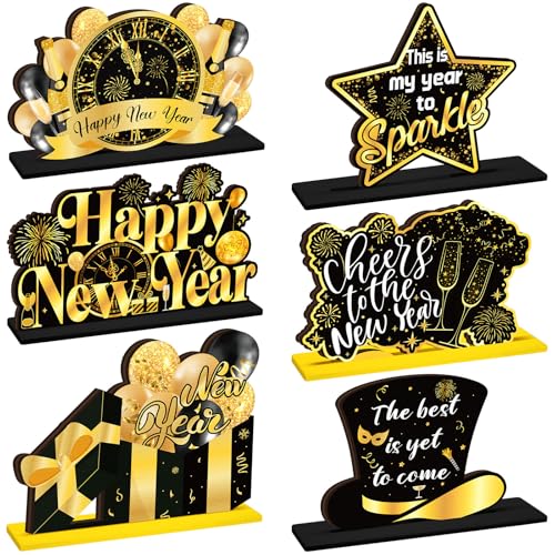 Shellwei 6 Pieces New Years Wooden Centerpieces Happy New Year