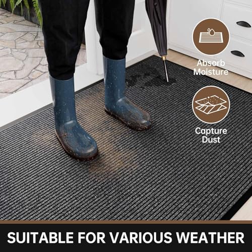 Image of Front Door Mat Indoor Outdoor Entrance, 2 x 3 Feet All-Season Waterproof Doormat for Entryway, Heavy Duty Commercial Floor Mat, Fade Resistant, Rubber Back, Low Profile, Easy Clean, Grey