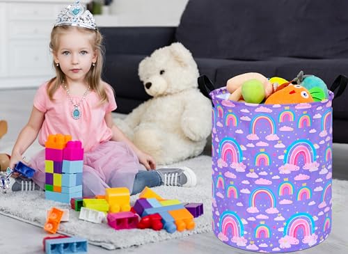 Image of Collapsible Kids Laundry Basket Clothes Hamper, Foldable Storage Organizer Bin, Toy Clothes Storage with Handles for Boys Girls Bedroom, Room Decor Purple Rainbown