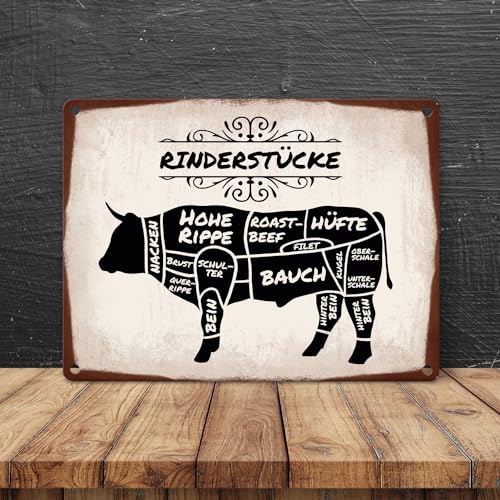 Rinderstücke BBQ Beef Fleischstücke Metallschild in 15x20 cm Blechschild für den Grill als Dekoration für Grillfans und Fleischesser