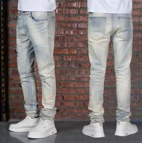 Men's Slim-fit Mid-Rise Denim Jeans with Tie-dye and Holey Design for Casual Streetwear Style.2