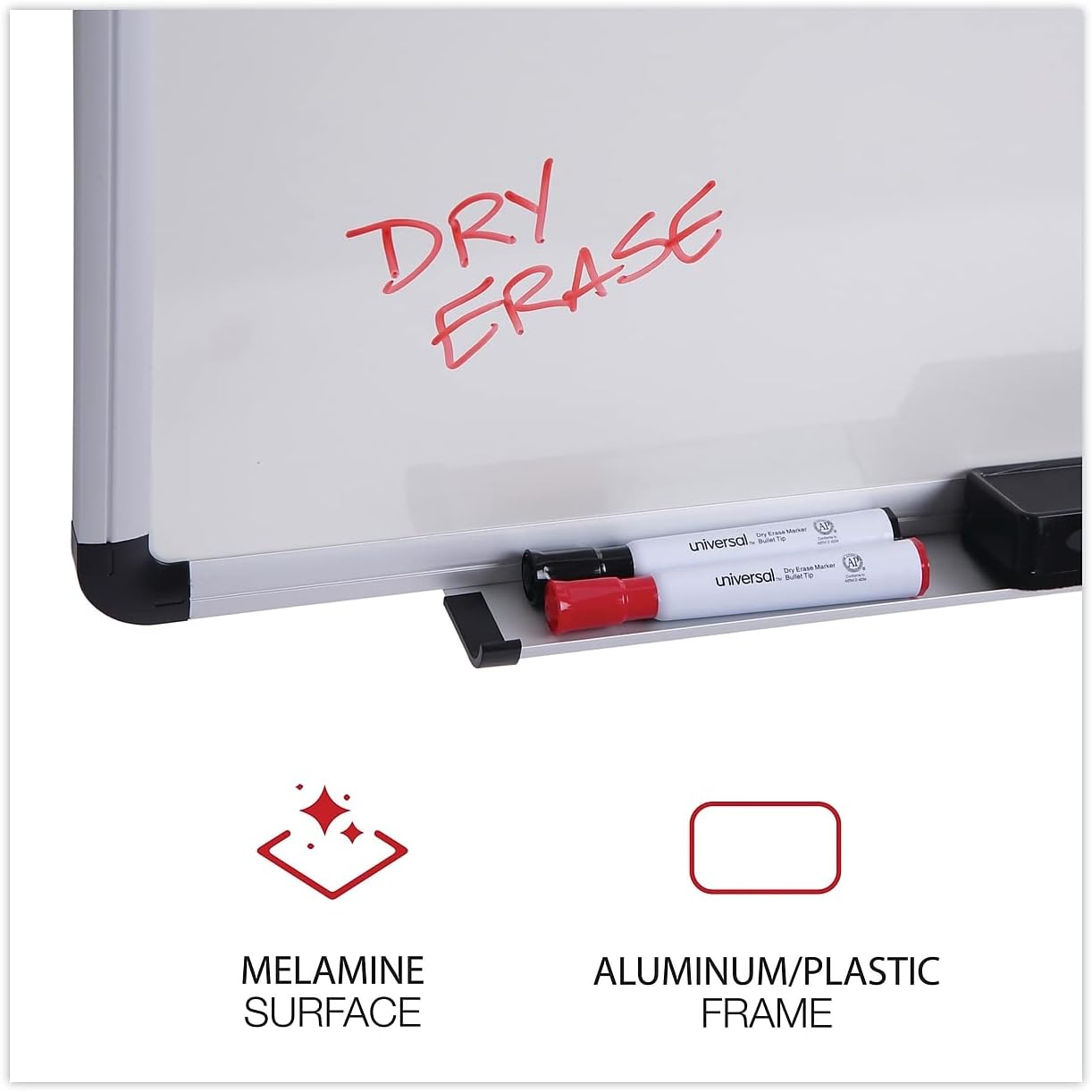 Universal 43725 Dry Erase Board, Melamine, 72 x 48, White, Black/Gray Aluminum/Plastic Frame
