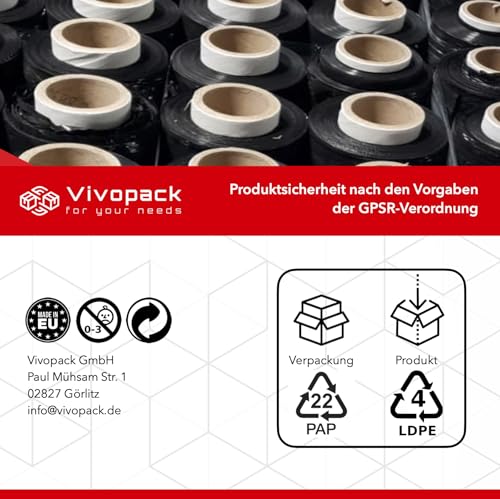 Vivopack Stretchfolie schwarz - 2 Stück - Verpackungsfolie auf Rolle, Stretchfolienrolle, 50 cm, 23μm, 250m, Schwarze Folie Selbstklebend, Wickelfolie Stretchfolie für Paletten, Umzugsfolie