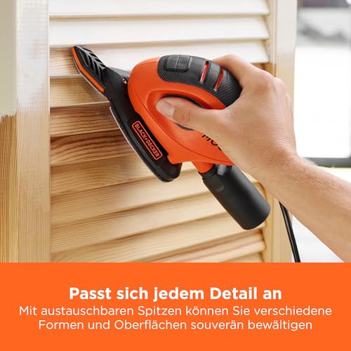 BLACK+DECKER Dreieckschleifer Mouse für staubfreies Schleifen (55 Watt Schleifmaschine, Schleifplatte 133 x 95 mm, Schleifen/Polieren, inkl. Schleifpapiere + Fingerschleifpapier) BEW230BCA
