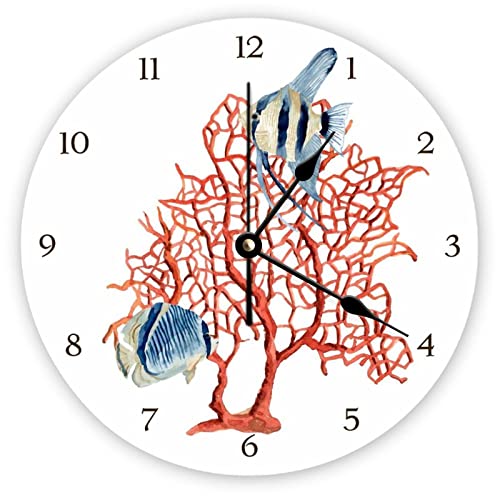 GTDEALS Orologio da parete senza ticchettio, corallo rosso con pesci tropicali, acquarello rotondo moderno orologio in legno per camera da letto, soggiorno, casa, ufficio, scuola, decorazione