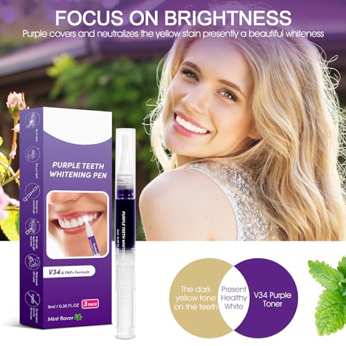 Teeth Whitening Gels Pen, Purple Teeth Whitening Pens, Instant Teeth Whitening Paint Pens, Color Correcting for Tooth Stain Removal 3 Packs