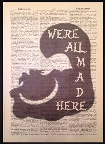 Parksmoonprints Alice In Wonderland We're All Mad Here Quote Vintage Dictionary Wall Art Print Picture Page Mad Hatter Madhatter Gift Love Humour Fun