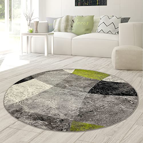 Moderner Wohnzimmer Teppich abstraktes Wellen Rauten Design marmoriert in grün grau - pflegeleicht Größe 160 cm rund Cover