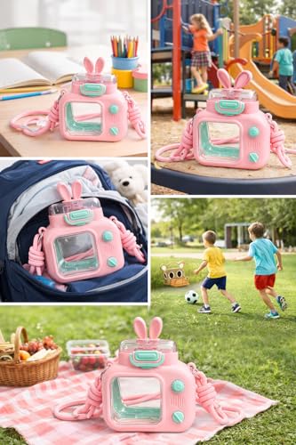 Image of Vasukie Kids Water Bottle 600ml with Straw & Strap | Cute Leak-Proof Sipper Bottle for Boys & Girls | BPA-Free, Portable School Water Bottle | (Camera Bottle)
