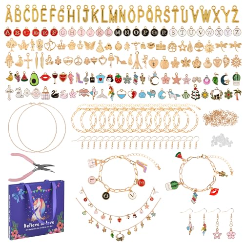 408Pcs Gold Charm Bracelet Making Kit for Girls Including 12 Bracelet Chains 152 Charms 200 Jump Rings 20 Earing Hook 2 Necklace 1 Jewelry Plier for DIY Crafting and Jewelry Making for Adults